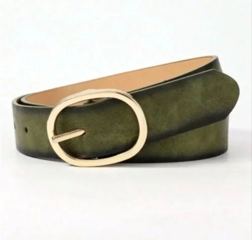 New! Olive Green Vegan Leather Gold Oval Buckle Belt (One Size 43”) NWOT